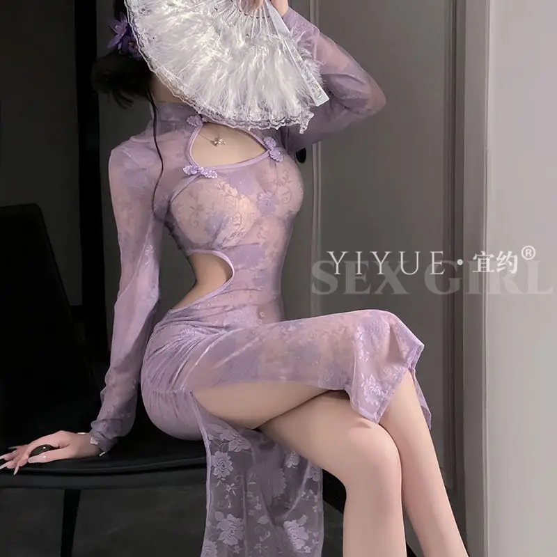 فستان نوم شيونغسام مثير، تشيباو من الدانتيل الشفاف، نمط صيني مغر يمكن ارتداؤه