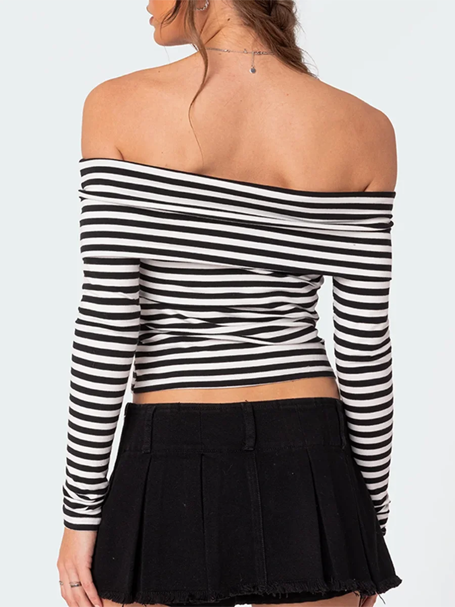 Women's Striped Off Shoulder T-Shirt Chest Folding Boat Neck Long Sleeve Slim Fit Casual Crop Tops