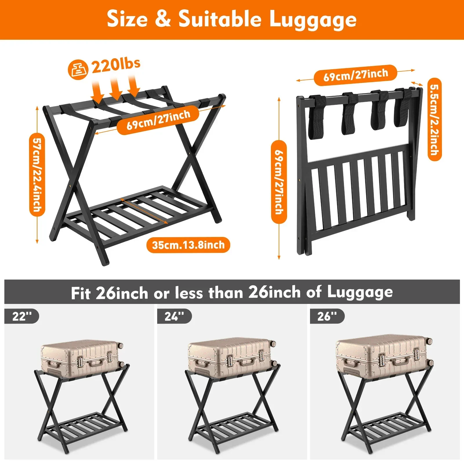 Folding Luggage Rack Bamboo Wood Portable Home Suitcase Luggage Rack Double Tiers Luggage with Black Straps