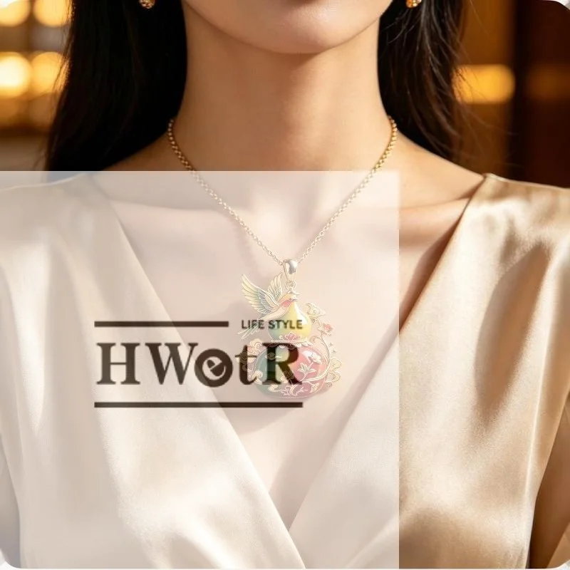 Gold Plated Gourd Pendant Necklace Enamel Bird Floral Daily Wear Anniversary Birthday Gifts For Women
