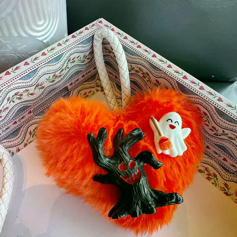 Cute Plush Heart Halloween Keychain Pendant Lanyard Phone Strap Stuffed Toy Bag Hang Ornament Backpack Charm Keyring Girly Gifts