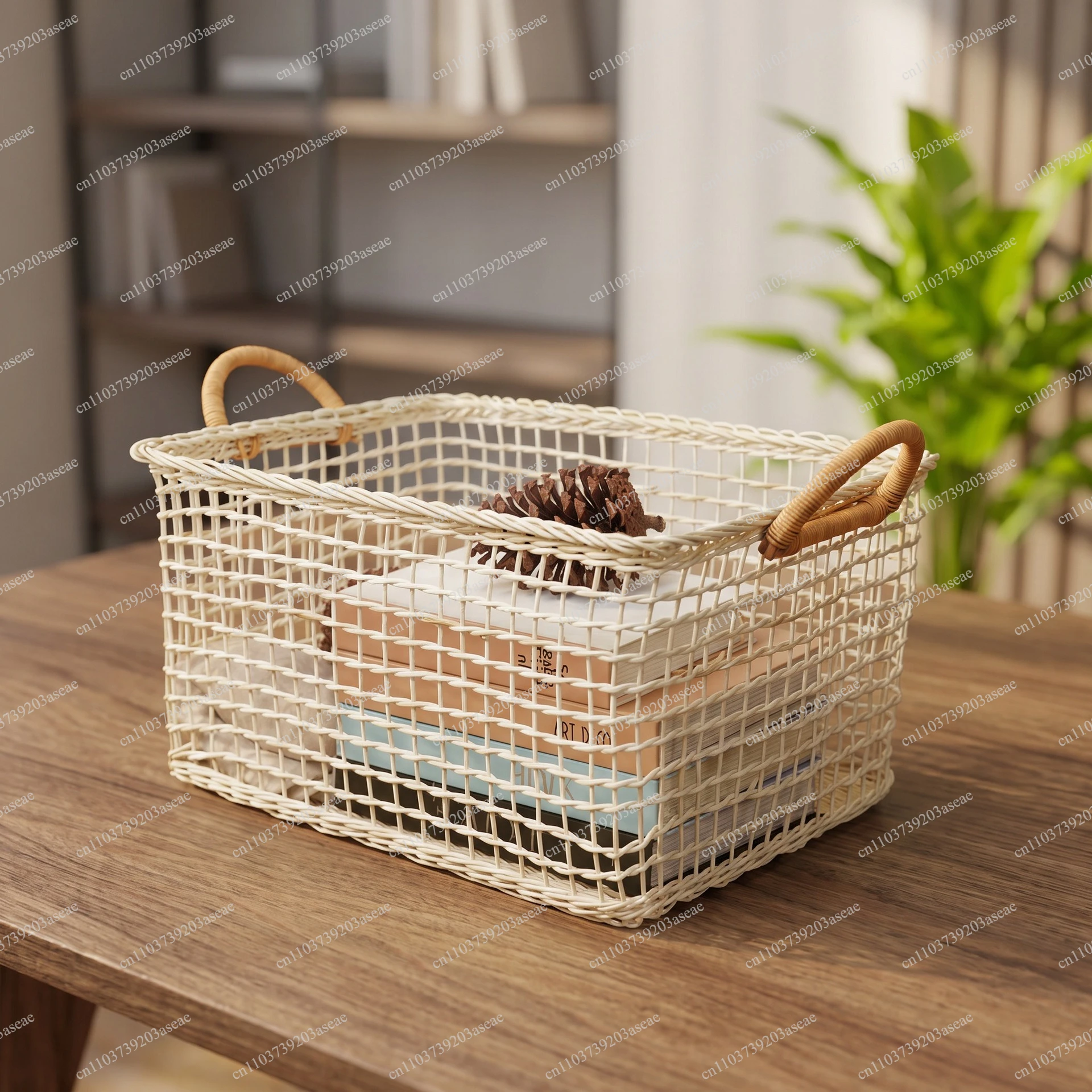 Natural rattan storage basket White rattan woven hollow handle basket Fruit bread storage sundries basket