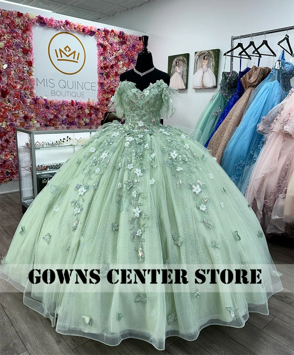 Sage Green Butterflies Lace Appliques Off The Shoulder Quinceanera Dresses Ball Gown Corset Princess Dress vestidos Customized