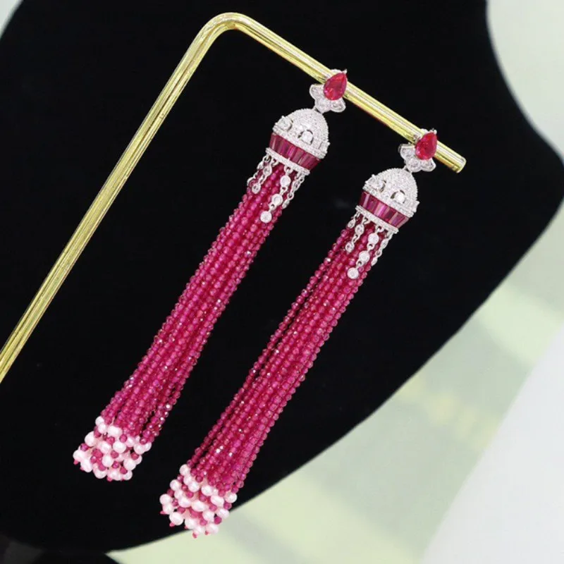 Fashion Elegant Long 925 Sterling Silver Green Red Blue Earring For Women Natural Fresh Water Pearl Tassel Wedding Party Jewelry