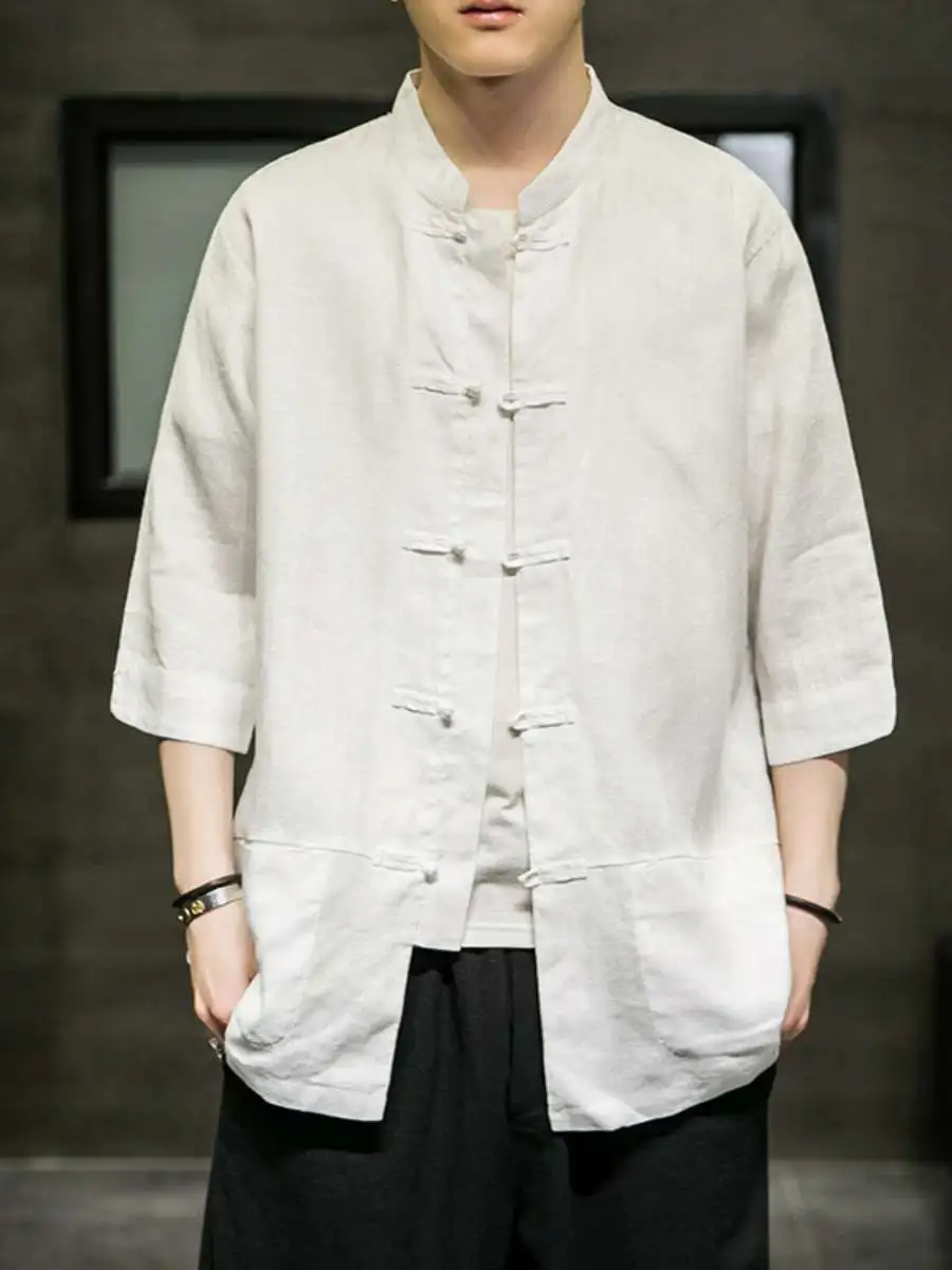 

Летняя мужская рубашка в стиле ретро из хлопка и льна, с пятью пуговицами на манжетах, свободного кроя, весенняя коллекция, однотонная, в стиле ханьфу/танфу