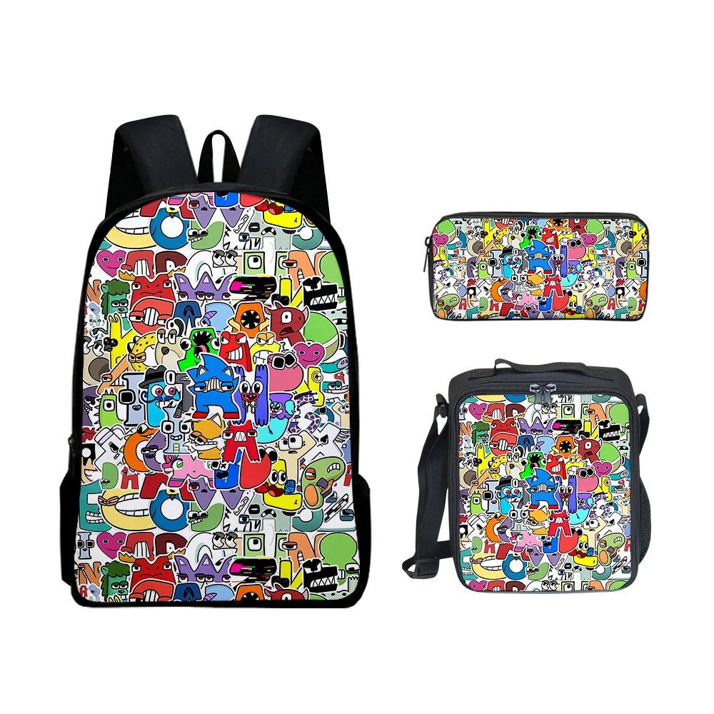 

3pcs/set 3D Alphabet Lore Backpack Primary Middle School Boys Girls Students Cartoon Anime School Bag Lunch Bag Pencil Case