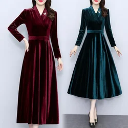 2024 Luxury Flannel Thick Warm Elegant Long Dress Autumn Winter Velvet Prom Dress Women Vintage Solid Party Night Vestidos