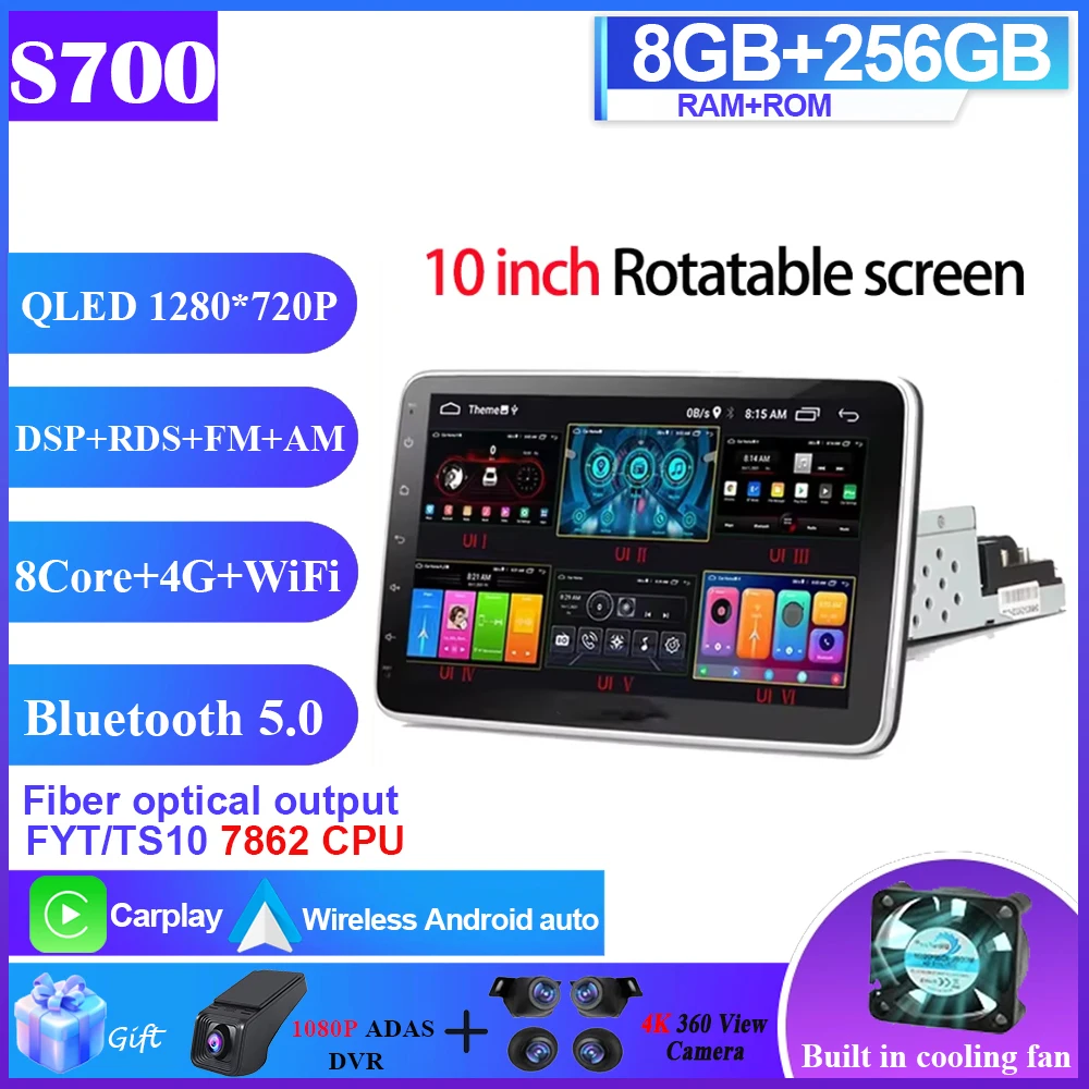 7/9/10 inch autoradio universeel enkel 1 Din 360 °   Draaibare autoradio multimediaspeler GPS Navi Automotive Stereo Carplay BT 4G