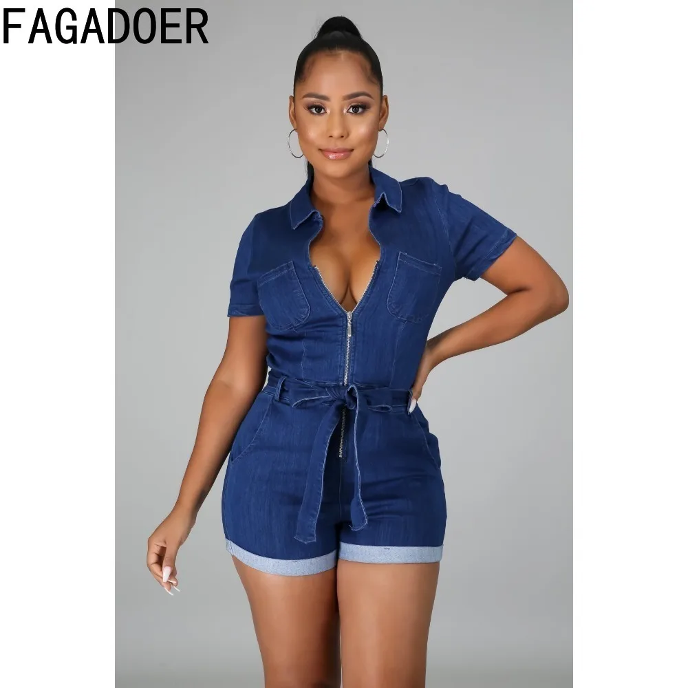 Fagadoer-macacões jeans com bolso para mulher, macacão jeans, manga curta, slim, com cordões e zíper, moda