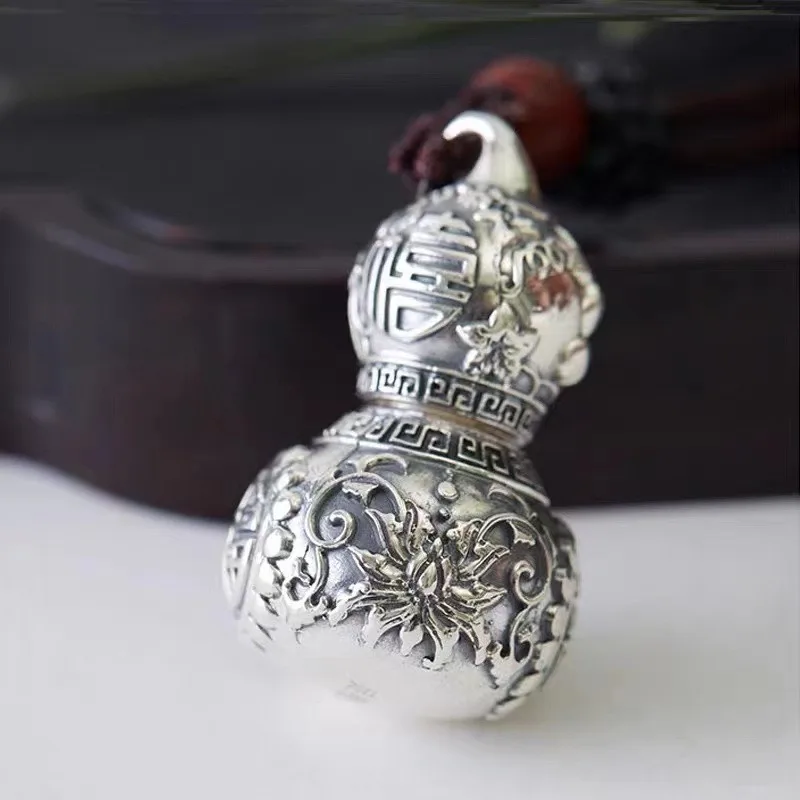 925 Silver Stereoscopic Glossy Gourd Pendant Chinese Style Carved Lotus Flower Couple Necklace Can Open Classic Charms Jewelry