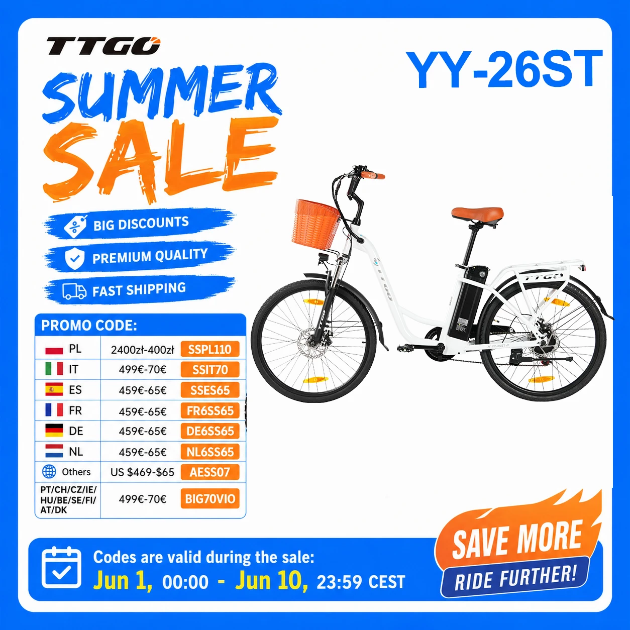 TTGO YY-26ST Elektrofahrrad 26 Zoll E-Bike 36V14,5 Ah Akku, Citybike 60-75 km Elektrofahrrad mit Korb E-Bike für Männer und Frauen