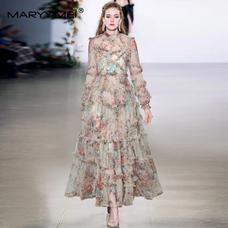 MARYYIMEI Spring Women's dress Lantern Sleeve Mesh Print Cascading Wood ear edge Vacation Elegant Ball Gown Evening Dresses