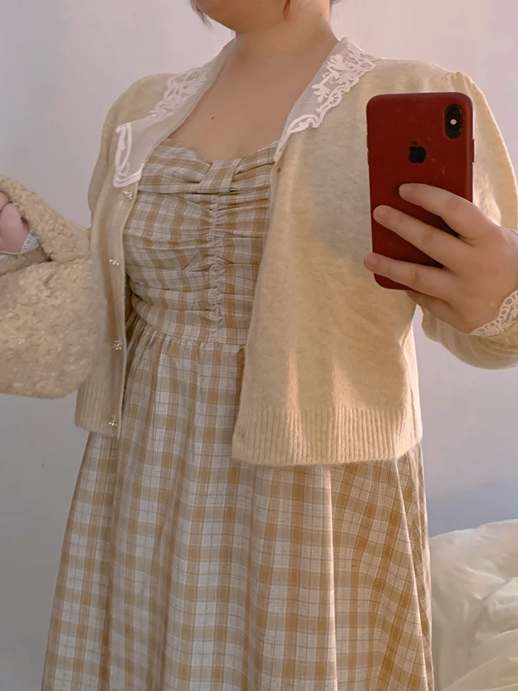 

Adorable Plaid Princ Svel Dr Large Size Women's Clothing Soft Candy Autumn Striped Knitwear Cardigan