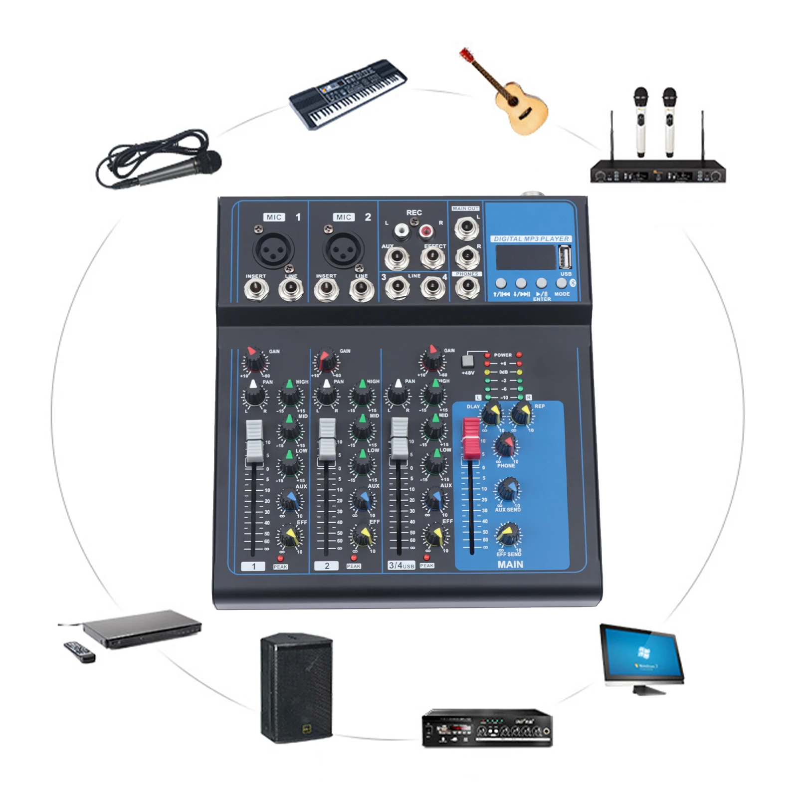 Professional Portable Digital DJ Console with USB, Audio Interface, Mixing Boards for Studio, 4 Channel Mixer