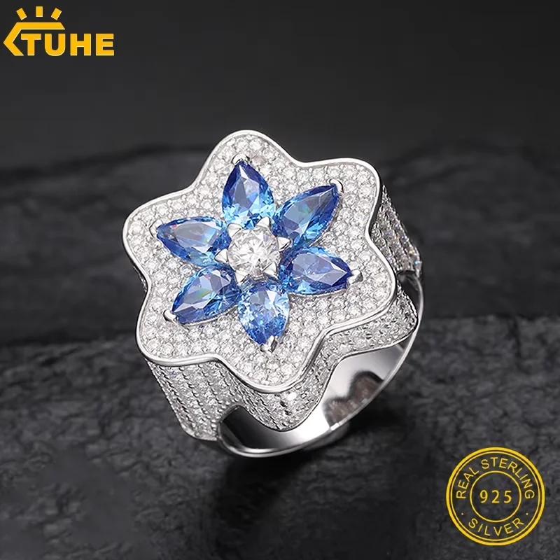 

TUHE Unisex 23mm Men Hip Hop/Rock Rings 925 Silver Star for Man Hip Hop Jewelry Cubic Zirconia Hexagram Star Ring Fashion Party