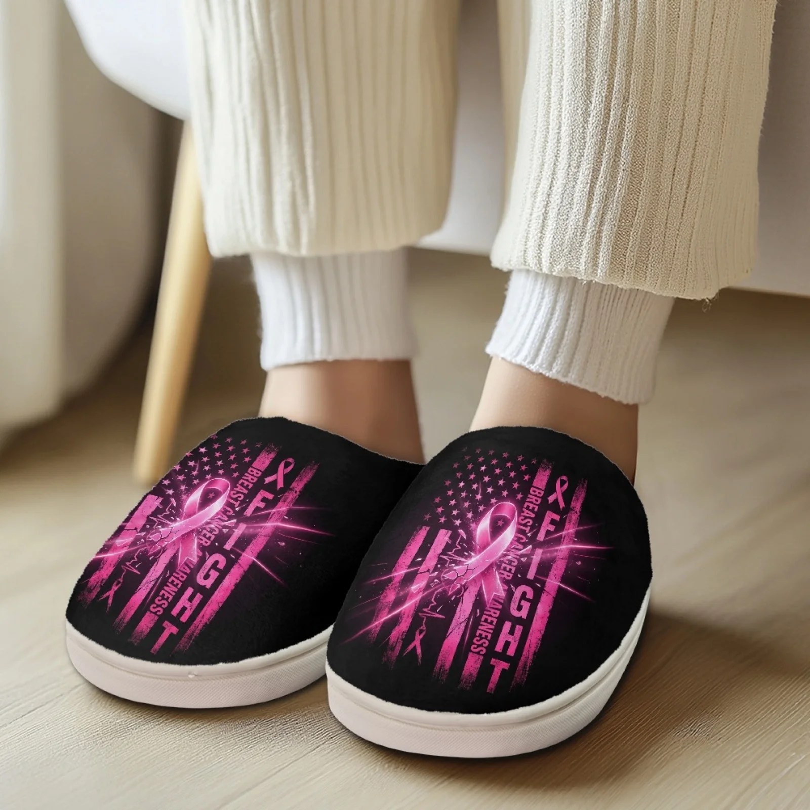 PENSTROLL Pink Ribbon Flag Print Lightweight Fuzzy Slippers Fleece Slippers for Bath Nurses Day Gift Slippers
