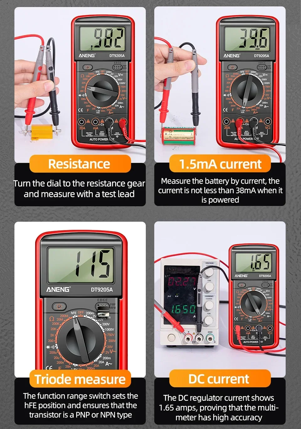 Professionelles Multimeter-Testgerät ANENG 1999 Counts Digital DT9205A-12 AC-Spannungsmessgeräte Hochpräzise Elektriker- und Mechanikerwerkzeuge – Detail 12