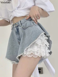 Summer Sexy Denim Shorts Women Harajuku Y2k Lace Two Piece High Waist Jeans Fashion Streetwear Female Chic Wide Legs Short Pants