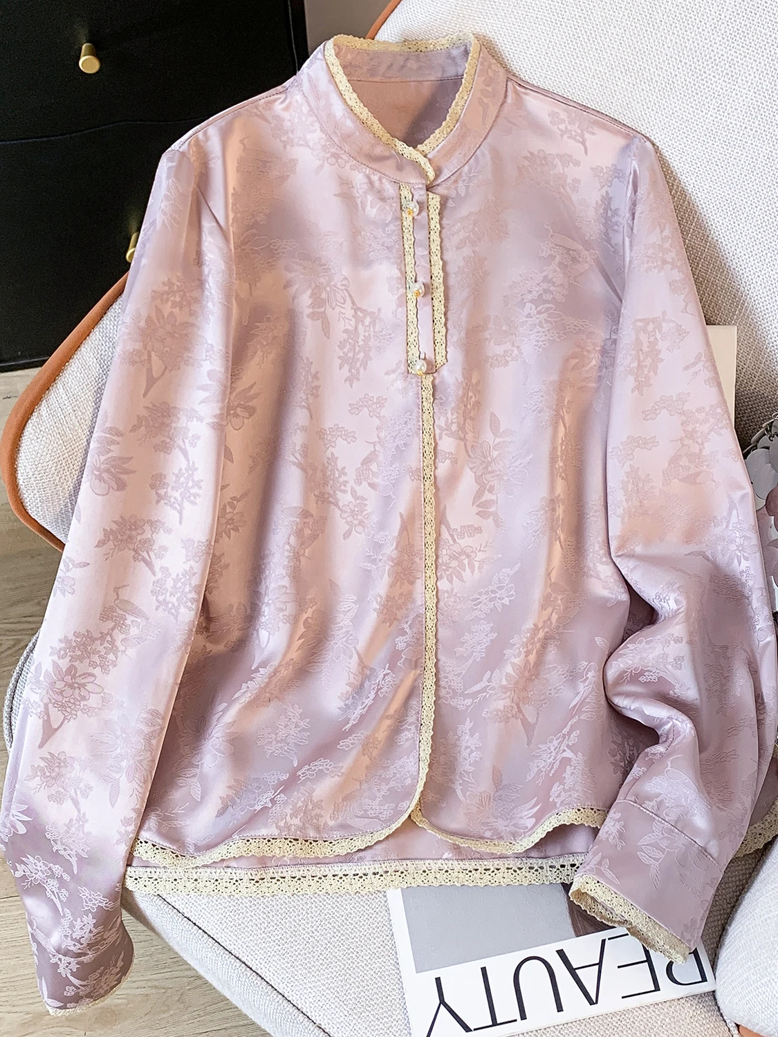 New Chinese Sle Long Sve Embroidered irt Women's Autumn High-End Floral Lace Splicing Beaded Stand Collar Base Top