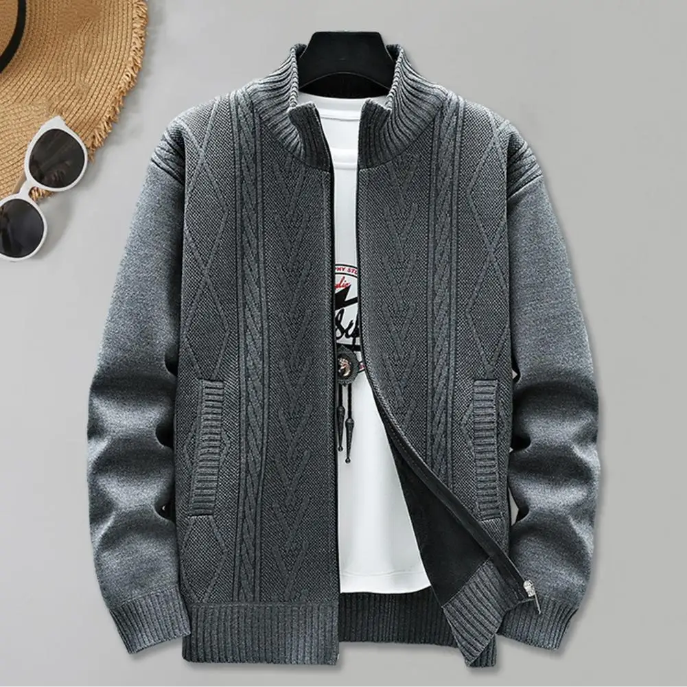 

Men Cardigan Coat Fall Winter Stand Collar Long Sleeve Thickened Knitted Warm Pockets Loose Applique Men Jacket Men's clothing