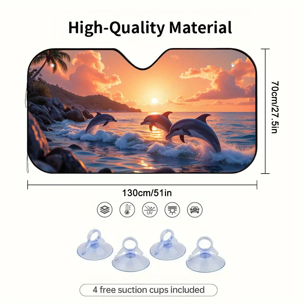 1pc Dolphin Dance Car Sun Visor With Vibrant Sunset Ocean Dolphins Design - Fit For All Cars, Reduces Direct Sunlight Glare, Enh