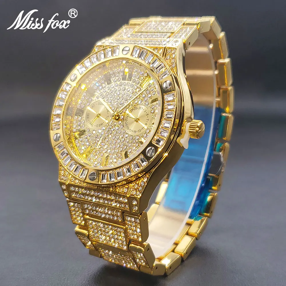 

Men's Luxury Watches Gold Calendar Week Display Large Face Quartz Watch For Big Wrist Man Stylish Hip Hop Full Iced Drop Clock