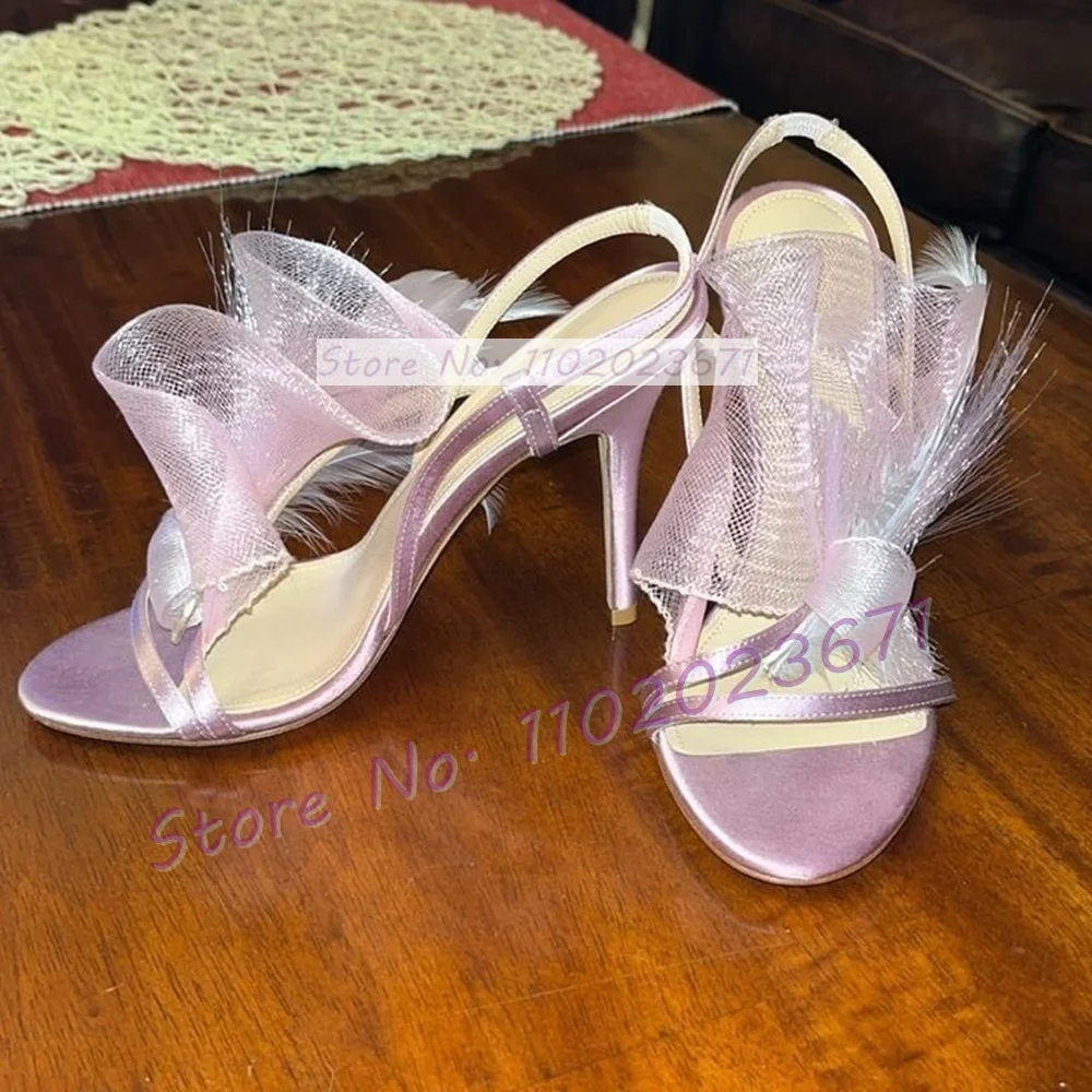 Lilac Satin Netting Feather Stiletto Sandals Female Stylish Elegant Party Wedding Satin Shoes Thin High Heels Open Toe Sandals