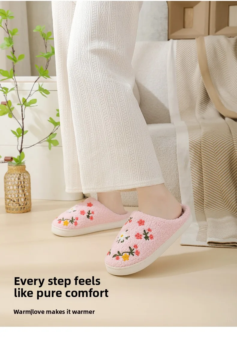 Neue Winter-Hausschuhe für Damen, Mädchen, Modische Blumen-Hausschuhe, Weiche Flache Sandalen für Paare, Herren-Weihnachts-Flip-Flops – Detail 4