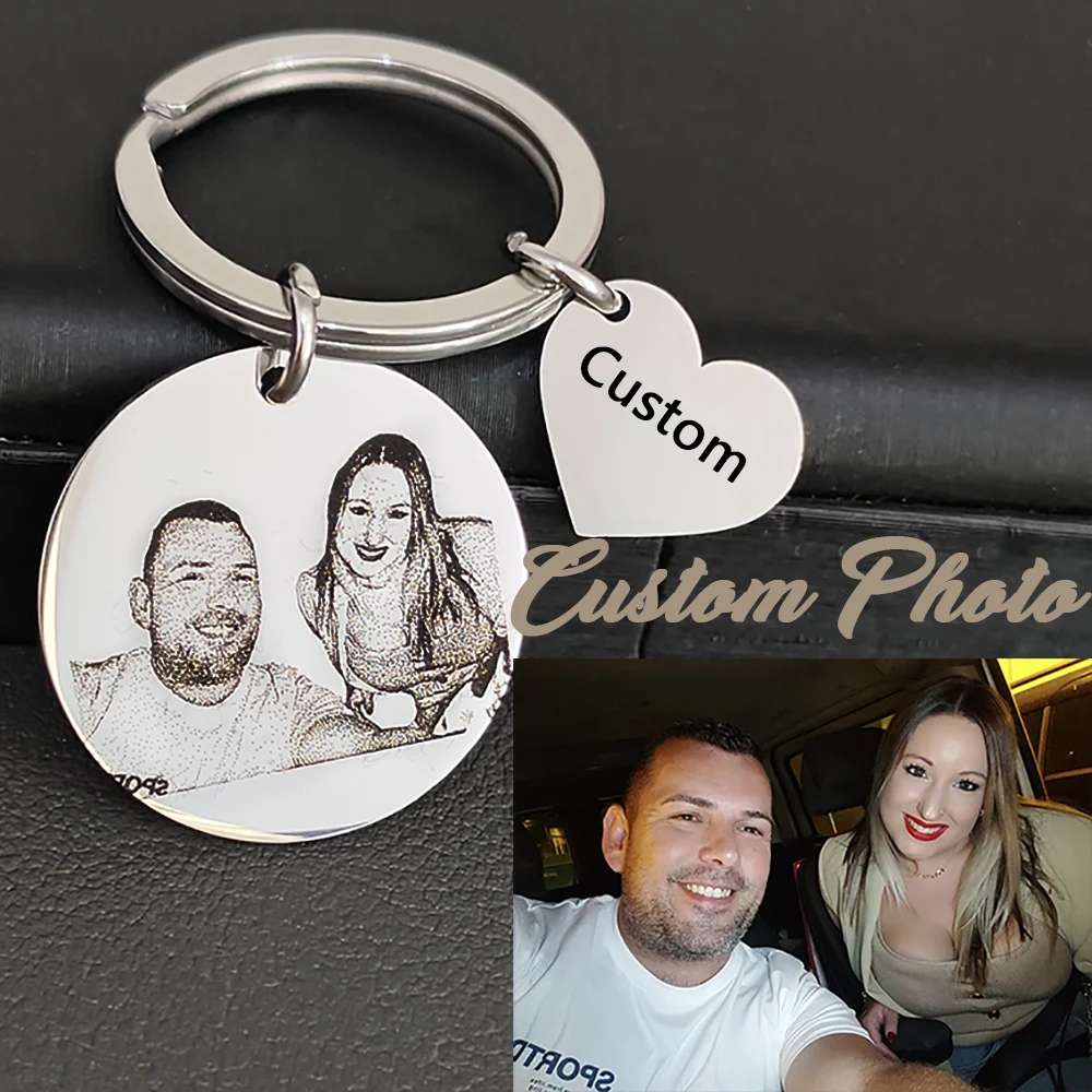 

Custom Couple Photo Laser Engraved Letter Logo Pendant Keychain Stainless Steel Personalized Portrait Jewelry Anniversary Gifts