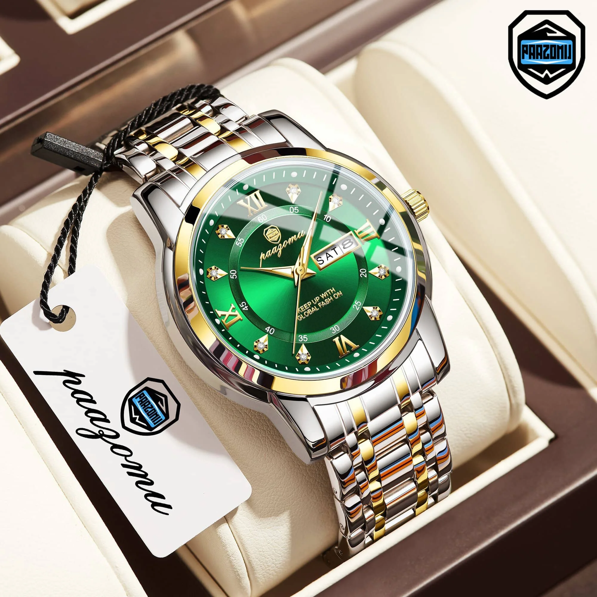 

PAAZOMU экологически чистый материал спортивные модные мужские часы из нержавеющей стали водонепроницаемые светящиеся кварцевые мужские часы с датой недели + коробка