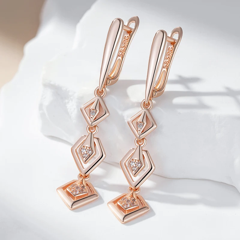Kinel Fashion Glossy Hollow Geometry Drop Earring for Women 585 Rose Gold Color Shiny Natural Zircon Daily Fine Ethnic Jewelry