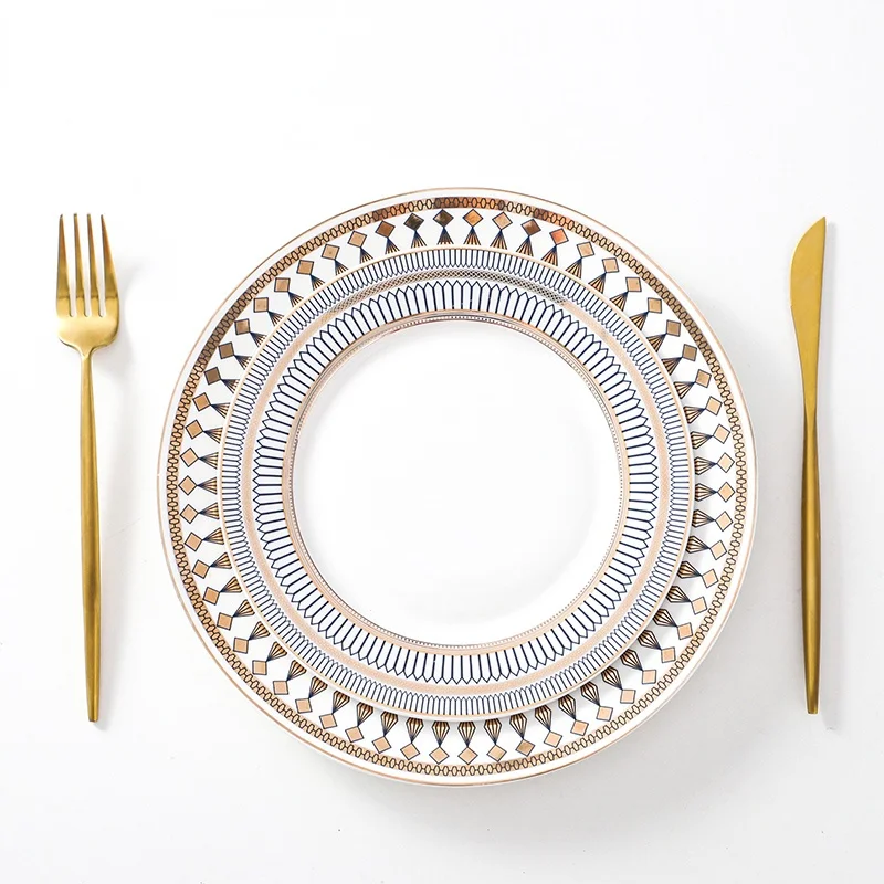 Gold-plated Geometric Ceramic Dinner Plate Advanced Cooking Dish Home Breakfast Bread Dessert Plate Kitchen Utensils Porcelain