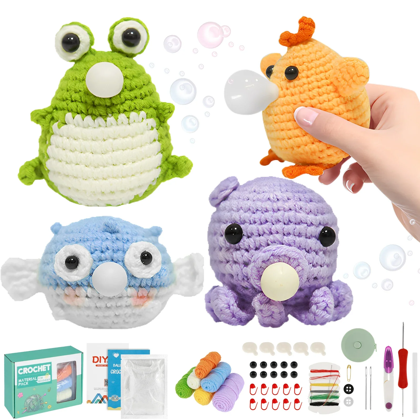 4Pcs Crochet Kit for Beginners Complete Animal Crochet Knitting Adorable Doll Chick Frog Octopus Starter Pack Crochet Craft Kit