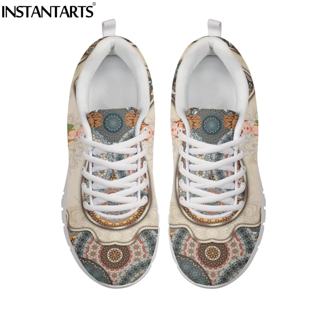 INSTANTARTS Mandala Boho Style Yoga Girl Design Ladies Flat Shoes Comfort Lace up Casual Sneakers for Women Autumn Soft Zapatos