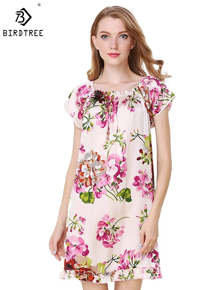 

Birdtree 100%Real Mulberry Silk Nightgown Women Short Sleeve Print Pajama Dress Ladies Sleepwear Nightwear New Summer P36722QM