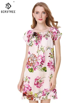 Birdtree 16MM 100% 진짜 뽕나무 실크 잠옷 여성 짧은 소매 인쇄 잠옷 복장 잠옷 Nightwear 새로운 여름 P36722QM