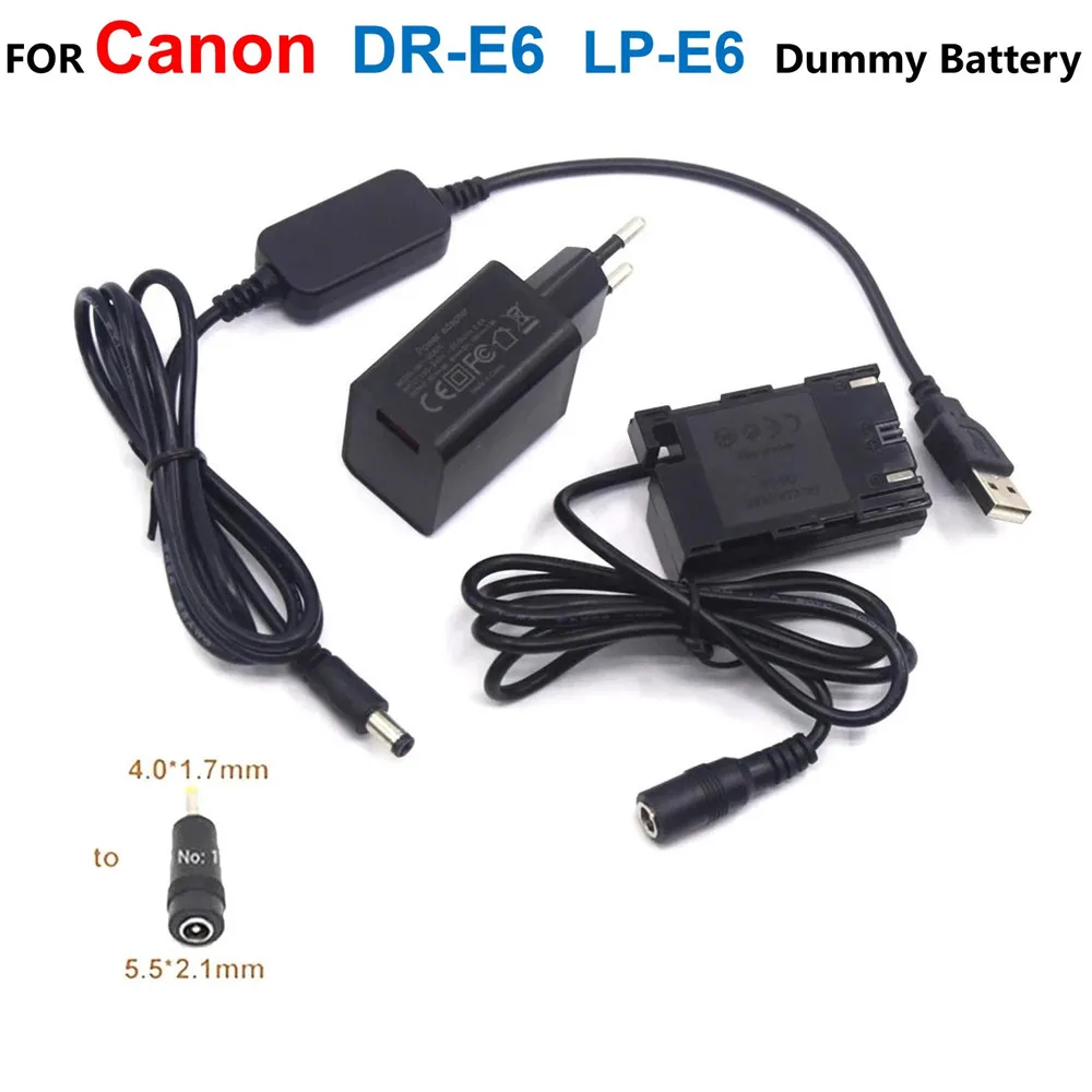 

DR-E6 LP-E6 LP-E6N Dummy Battery+Power Bank 5V USB Cable Adapter+Charger For Canon EOS 60D 70D 5D2 6D 7D 5D Mark II III 5D3 5DSr