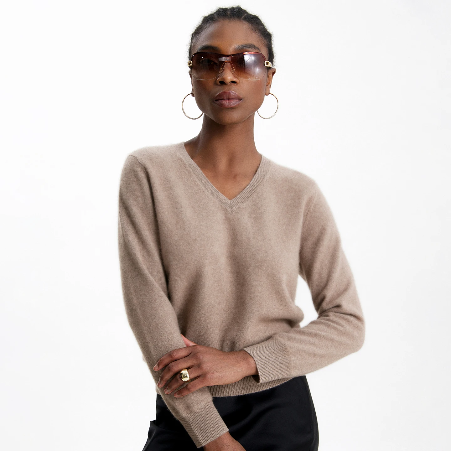 Pure cashmere V-neck knitted pullover for women in autumn and winter, paired with soft and sticky sweater, loose solid color com