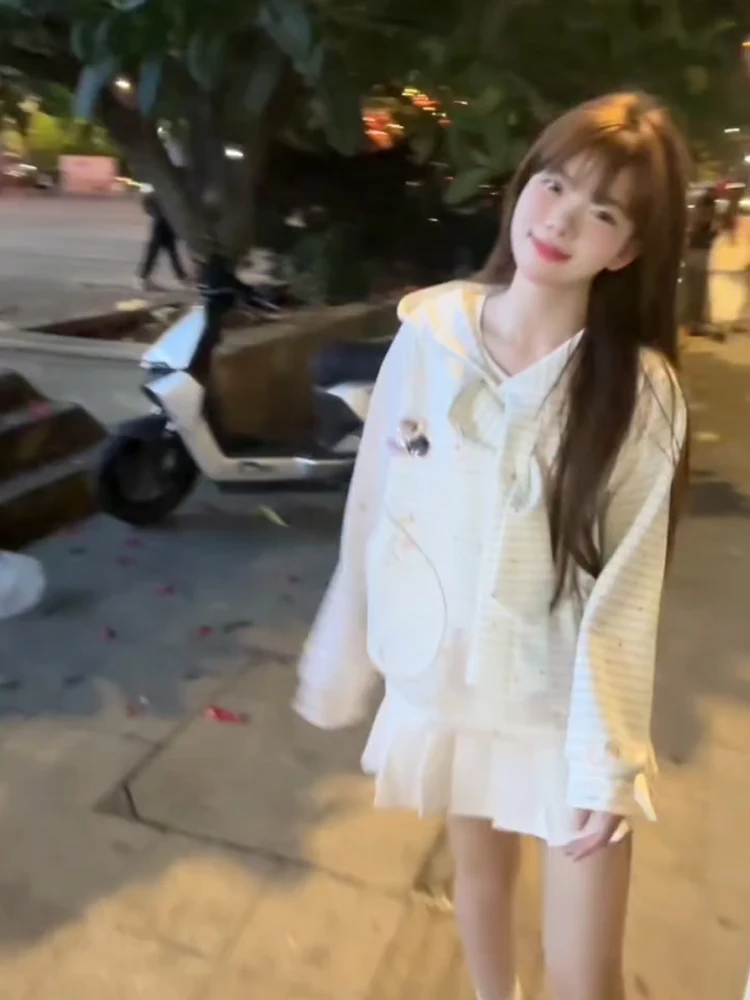 سترة نسائية كورية حلوة بنمط مخطط على شكل كلب، فضفاضة للربيع والخريف، بأكمام طويلة، جاكيت نسائي فضفاض بقلنسوة