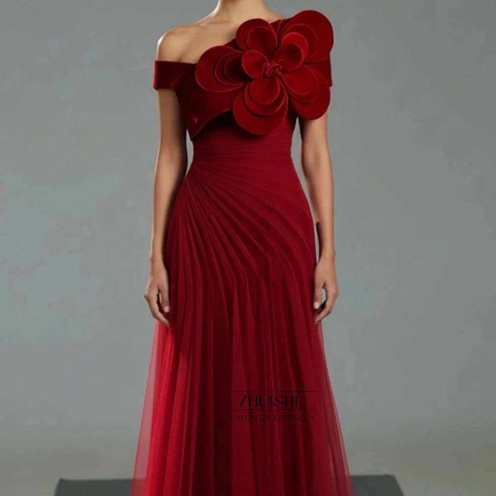 Elegant Tulle Burgundy Evening Dress 3D Flowers Off the Shoulder Trumpet Party Prom Gowns Long Formal Dress Customized