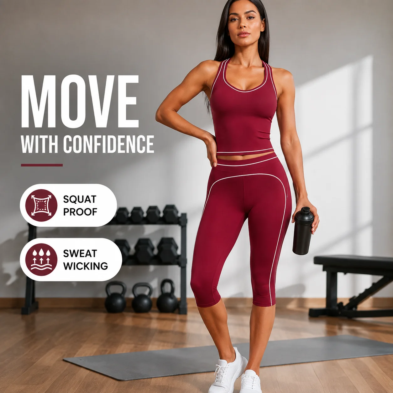 Women 2 Piece Yoga Set Racerback Crop Tank Top & High Waist Capri 3/4 Leggings White Piping Gym Activewear Matching Outfit
