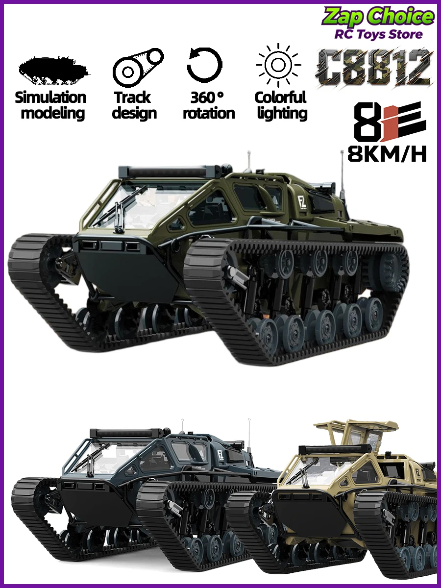 JJRC C8812 1/16 Char d'assaut télécommandé RC 2.4G 4CH Entièrement proportionnel 360 ° Véhicule tout-terrain RTR avec lumières 8KM/H, jouet cadeau pour enfant et adulte