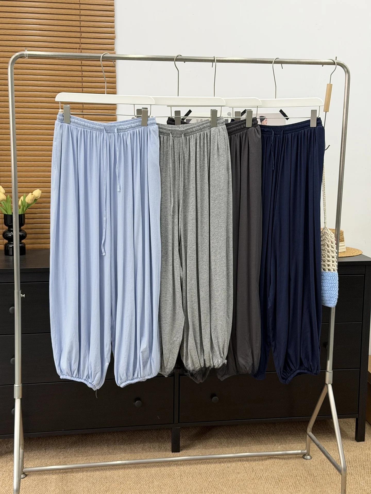 Summer Thin Loose Cool Low Waist Pure Color Drawstring Nine Point Women's Lantern Pants Casual Style Cotton Fabric Cool Sensa...