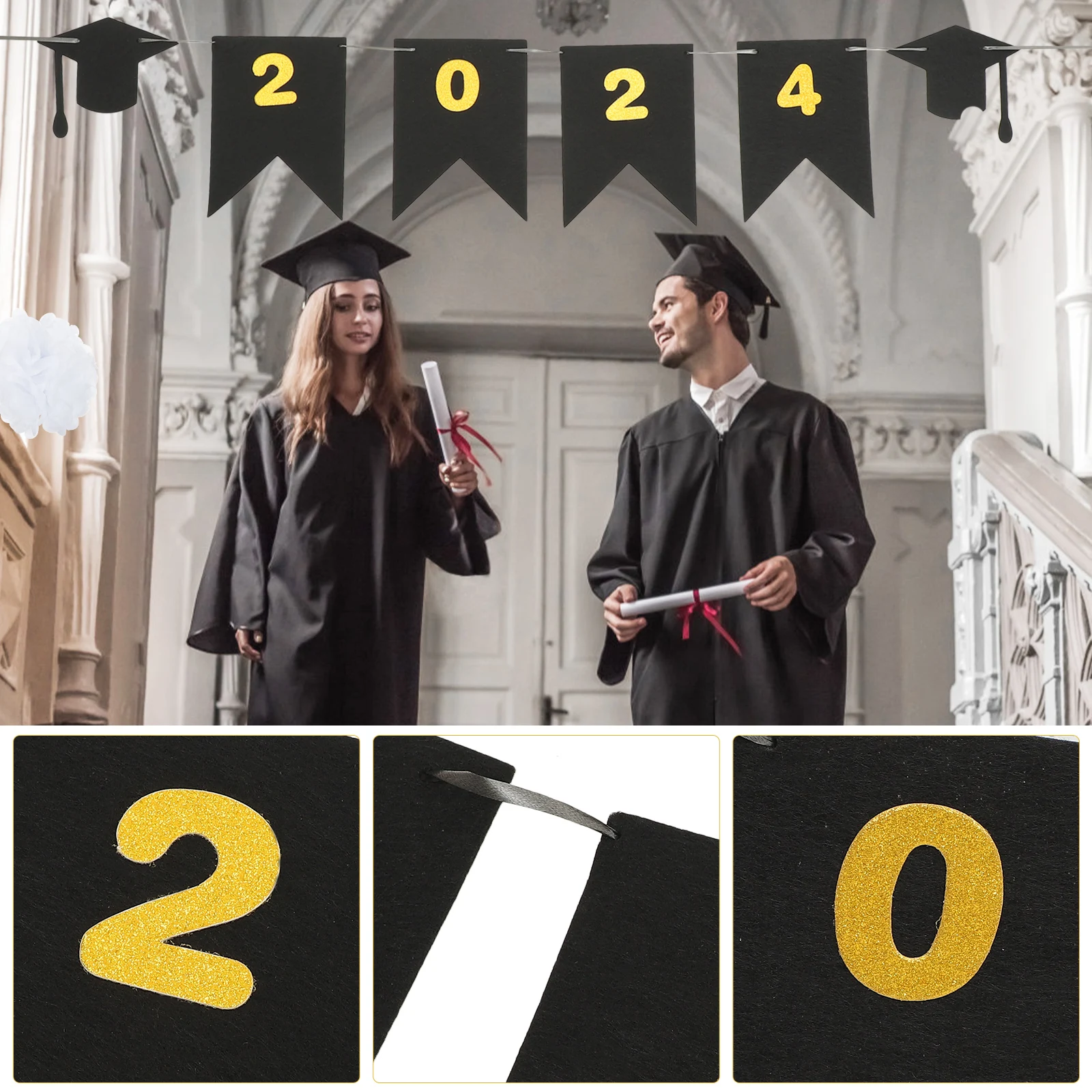 

2024 Graduation Banner Triangle Cap Flags Party Hanging Decors Garland Photo Prop Background Celebration Bunting Year