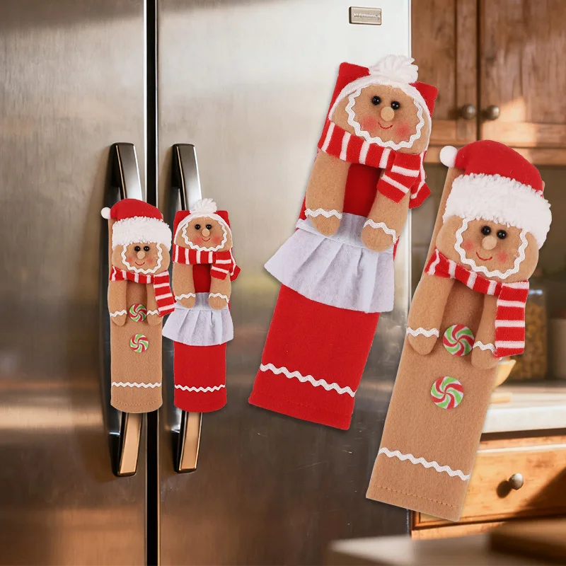2-teiliges Weihnachtsgriffschutz-Set, passend für Kühlschrank/Mikrowelle/Türgriff, Lebkuchen-Design, Neujahr, Zuhause, Küche, Dekoration