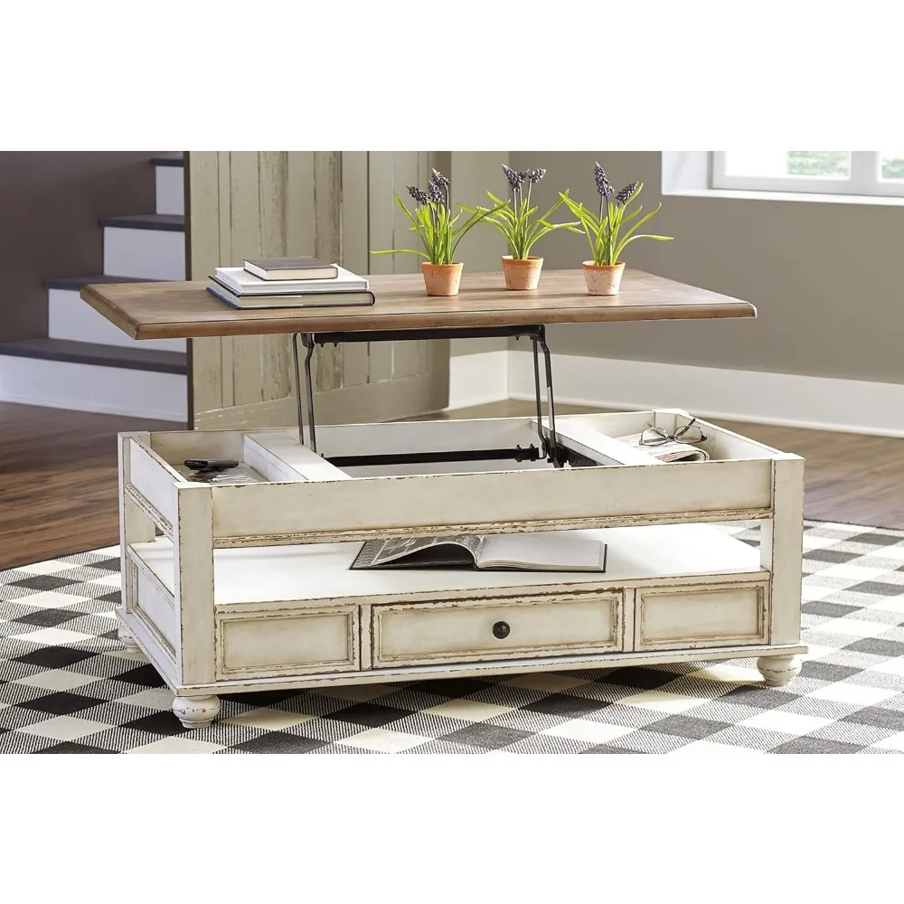 Farmhouse Rectangular Lift Top Coffee Table with Storage Drawer, White & Brown