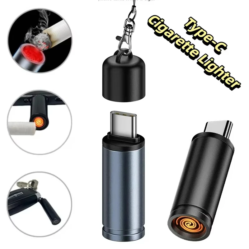 Type-C Mini Cigarette Lighter Windproof Air Blowing Cigarette Lighter Outdoor Safety USB C Lighter with cap keychain lanyard