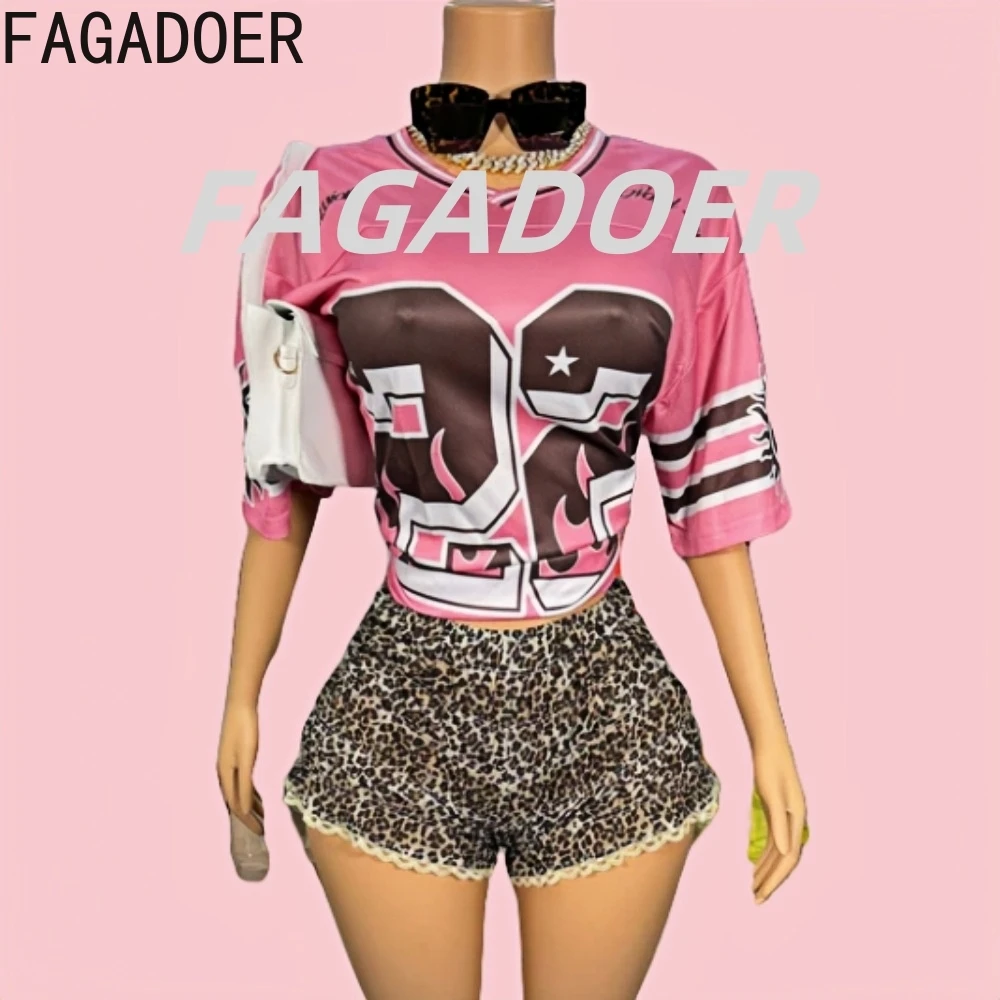 

FAGADOER Pink Fashion Y2K Letter Print Basketball Tshirts Two Piece Sets Women V Neck Loose Top And Leopard Ruched Shorts Outfit