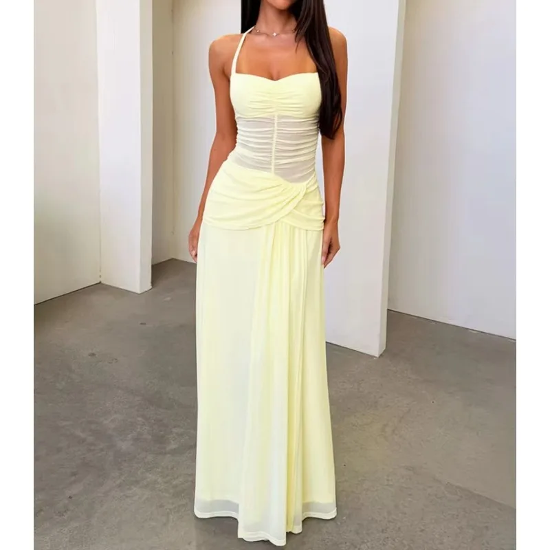 Mesh Backless Sexy Maxi Dress Women Elegant Off-shoulder Sleeveless Bodycon Ruched Club Party Long Dress