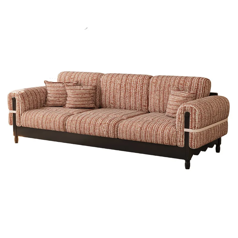 

French retro solid wood sofa living room small apartment three-person straight row fabric sofa